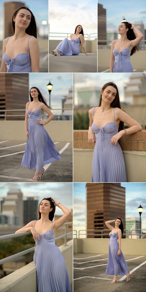 Photos of orlando high school senior girl in purple dress on top of garage in Orlando. Urban setting photos of high senior girl