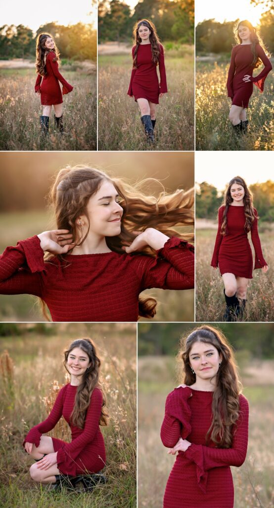 Young lady with long brown curly hair with a red dress and black boots in a field in Orlando Florida for her senior pictures. 