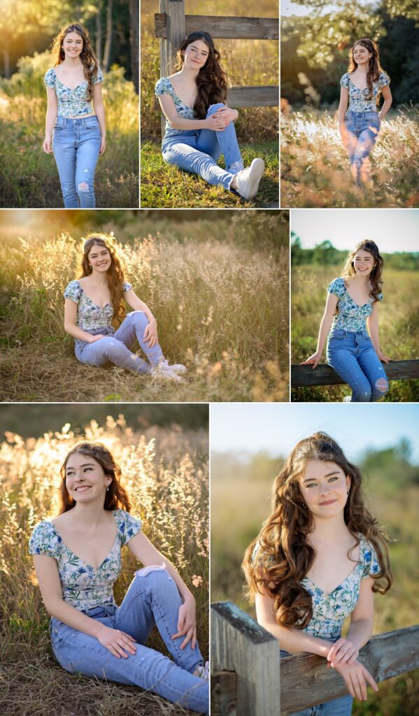 Various pictures of senior girl with long brown curly hair in a beautiful field with beautiful sunshine in Orlando, Florida.