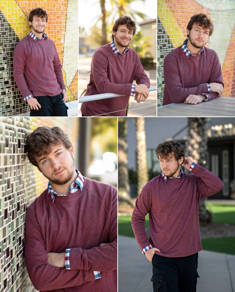 Senior photography for guys in Orlando, FL. High school senior posing for professional portraits in Lake Nona with a mix of candid and posed shots.