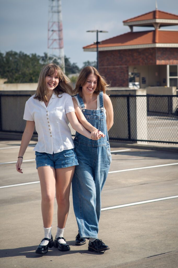 Best friend photo session with natural movement, laughter, and sunshine in Winter Garden
